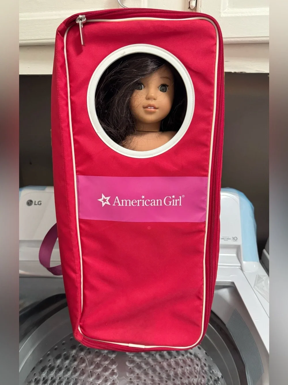 American Girl Red Doll Carrier with Pink Logo Panel and White Trim